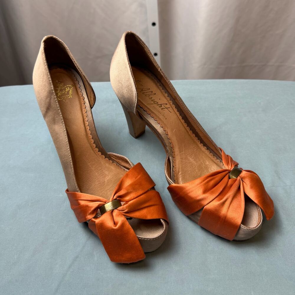 Anthropologie Miss Allbright Satin Bow D’Orsay Heels 7M Rust Copper Cottagecore